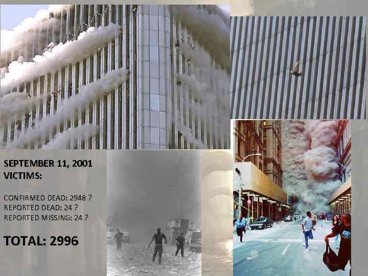 SEPTEMBER 11, 2001 VICTIMS: CONFIRMED DEAD: 2948 ? REPORTED DEAD: 24 ? REPORTED MISSING: