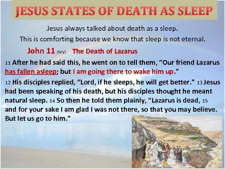 JESUS STATES OF DEATH AS SLEEP Jesus always talked about death as a sleep.
