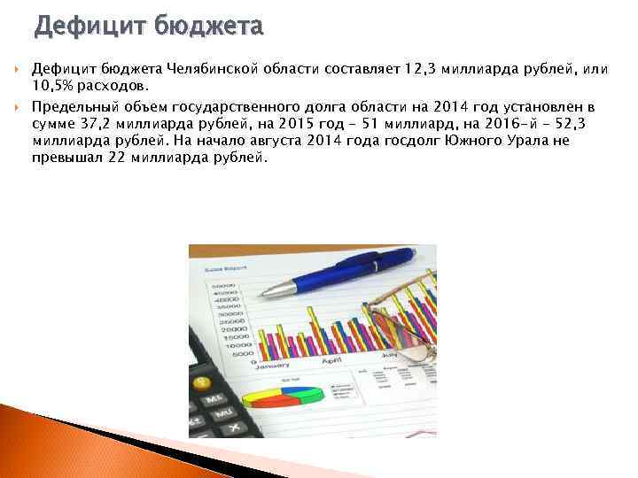 Дефицит бюджета Челябинской области составляет 12, 3 миллиарда рублей, или 10, 5% расходов. Предельный