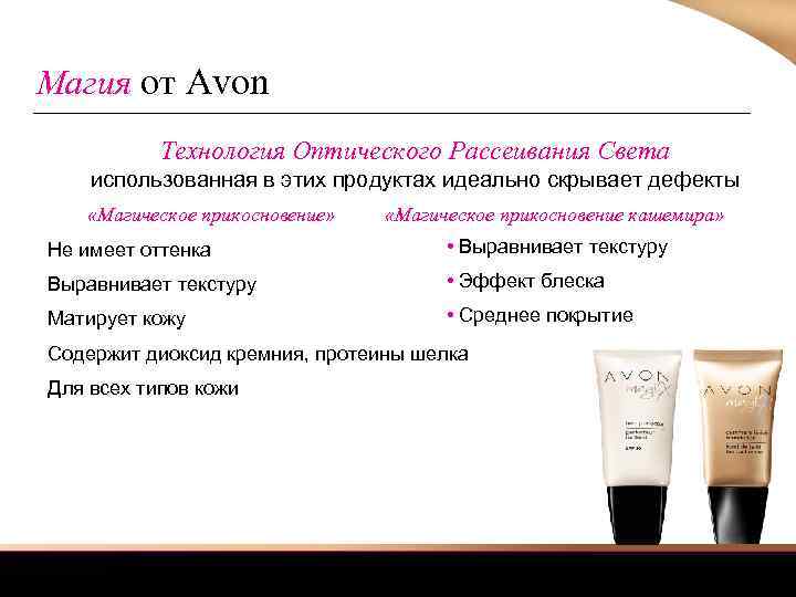 Магия от Avon Технология Оптического Рассеивания Света использованная в этих продуктах идеально скрывает дефекты