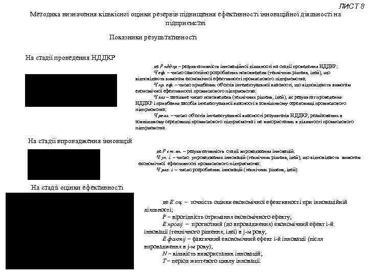 ЛИСТ 8 Методика визначення кількісної оцінки резервів підвищення ефективності інноваційної діяльності на підприємстві Показники