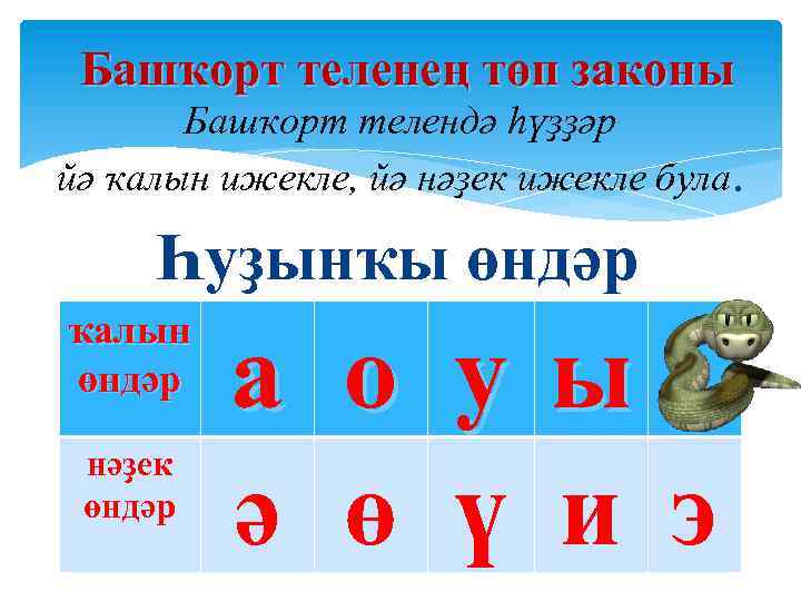 Башҡорт теленең төп законы Башҡорт телендә һүҙҙәр йә ҡалын ижекле, йә нәҙек ижекле була.