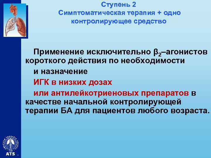 Ступень 2 Симптоматическая терапия + одно контролирующее средство Применение исключительно β 2–агонистов короткого действия