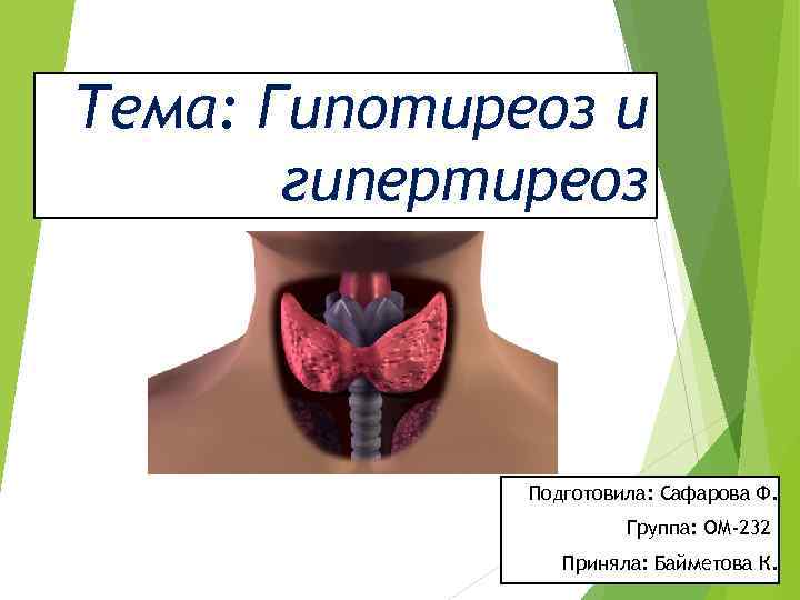 Тема: Гипотиреоз и гипертиреоз Подготовила: Сафарова Ф. Группа: ОМ-232 Приняла: Байметова К. 