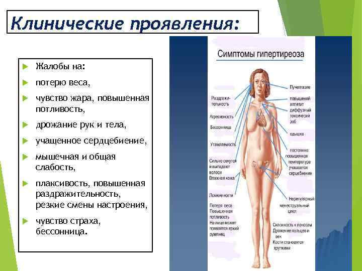 Клинические проявления: Жалобы на: потерю веса, чувство жара, повышенная потливость, дрожание рук и тела,