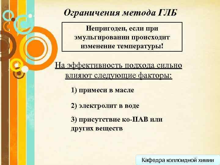 Ограничения метода ГЛБ Непригоден, если при эмульгировании происходит изменение температуры! На эффективность подхода сильно