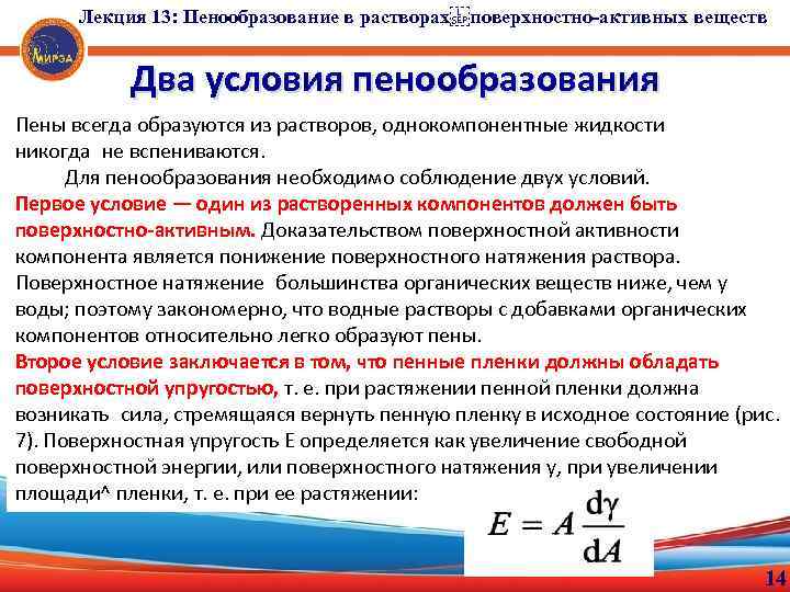 Лекция 13: Пенообразование в растворах поверхностно-активных веществ Два условия пенообразования Пены всегда образуются из растворов,