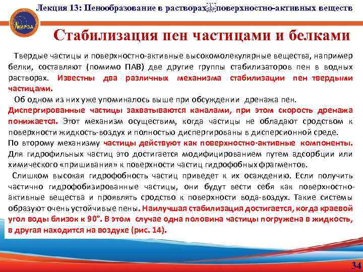 Лекция 13: Пенообразование в растворах поверхностно-активных веществ Стабилизация пен частицами и белками Твердые частицы и