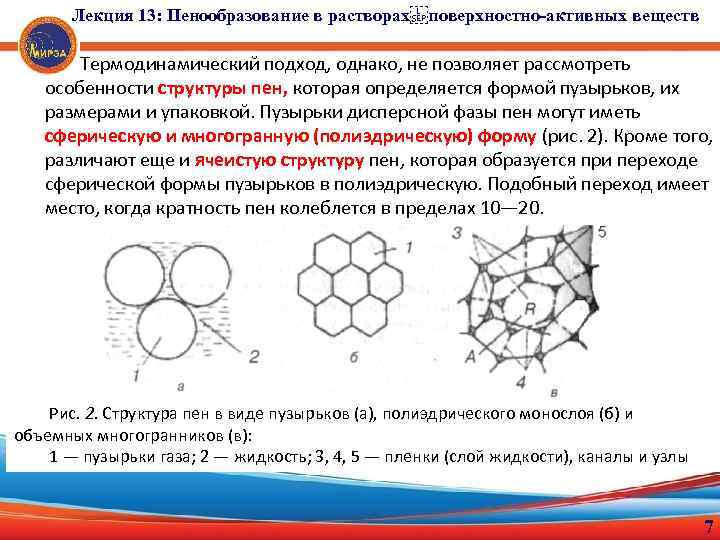 Лекция 13: Пенообразование в растворах поверхностно-активных веществ Термодинамический подход, однако, не позволяет рассмотреть особенности структуры