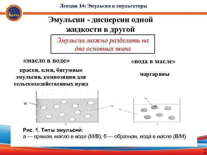 Лекция 14: Эмульсии и эмульгаторы Эмульсии - дисперсии одной жидкости в другой Эмульсии можно