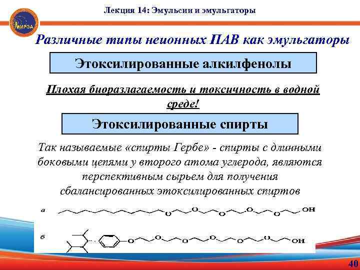 Лекция 14: Эмульсии и эмульгаторы Различные типы неионных ПАВ как эмульгаторы Этоксилированные алкилфенолы Плохая