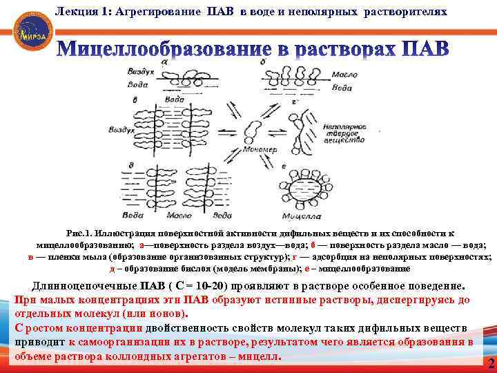 Лекция 1: Агрегирование ПАВ в воде и неполярных растворителях Рис. 1. Иллюстрация поверхностной активности