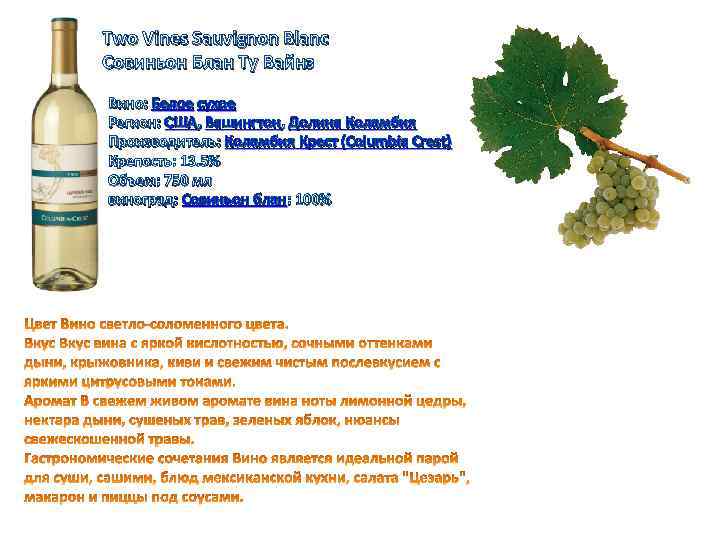 Two Vines Sauvignon Blanc Совиньон Блан Ту Вайнз Вино: Белое сухое Регион: США, Вашингтон,