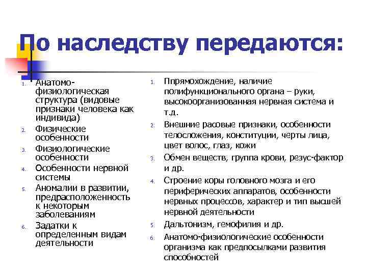 По наследству передаются: 1. 2. 3. 4. 5. 6. Анатомофизиологическая структура (видовые признаки человека