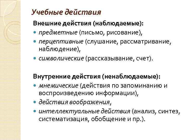 Учебные действия Внешние действия (наблюдаемые): предметные (письмо, рисование), перцептивные (слушание, рассматривание, наблюдение), символические (рассказывание,