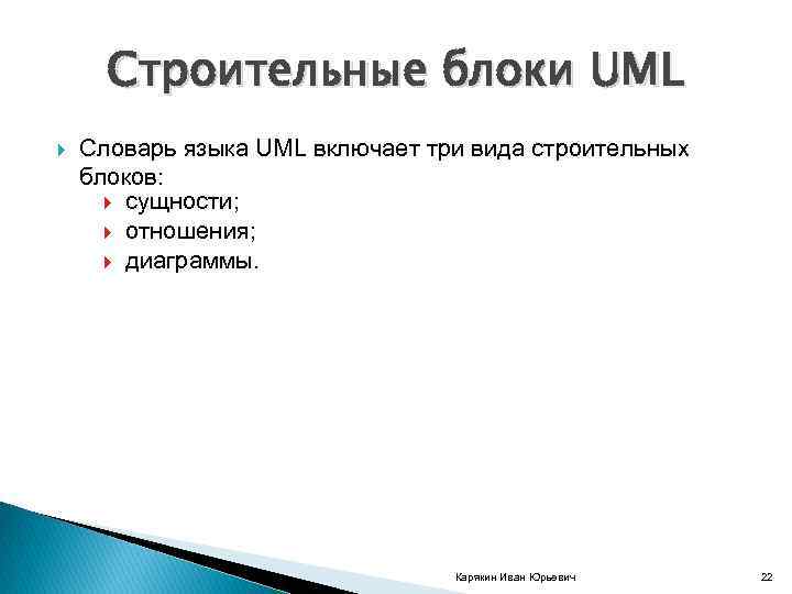 Строительные блоки UML Словарь языка UML включает три вида строительных блоков: сущности; отношения; диаграммы.