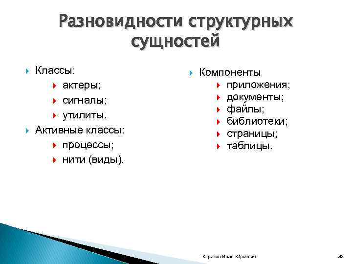 Разновидности структурных сущностей Классы: актеры; сигналы; утилиты. Активные классы: процессы; нити (виды). Компоненты приложения;