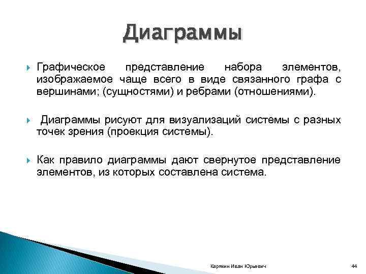 Диаграммы Графическое представление набора элементов, изображаемое чаще всего в виде связанного графа с вершинами;