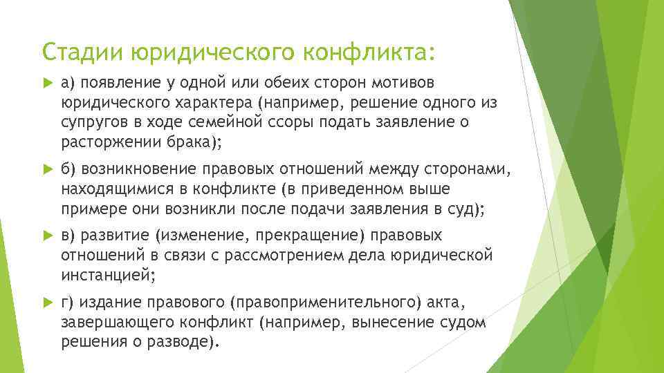 Стадии юридического конфликта: а) появление у одной или обеих сторон мотивов юридического характера (например,