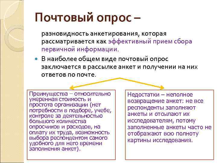 Почтовый опрос – разновидность анкетирования, которая рассматривается как эффективный прием сбора первичной информации. В