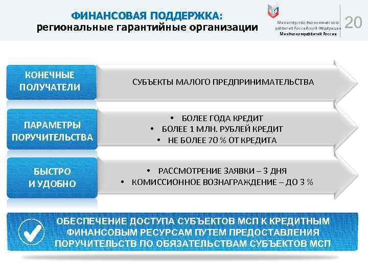 ФИНАНСОВАЯ ПОДДЕРЖКА: региональные гарантийные организации КОНЕЧНЫЕ ПОЛУЧАТЕЛИ ПАРАМЕТРЫ ПОРУЧИТЕЛЬСТВА Министерство экономического развития Российской Федерации