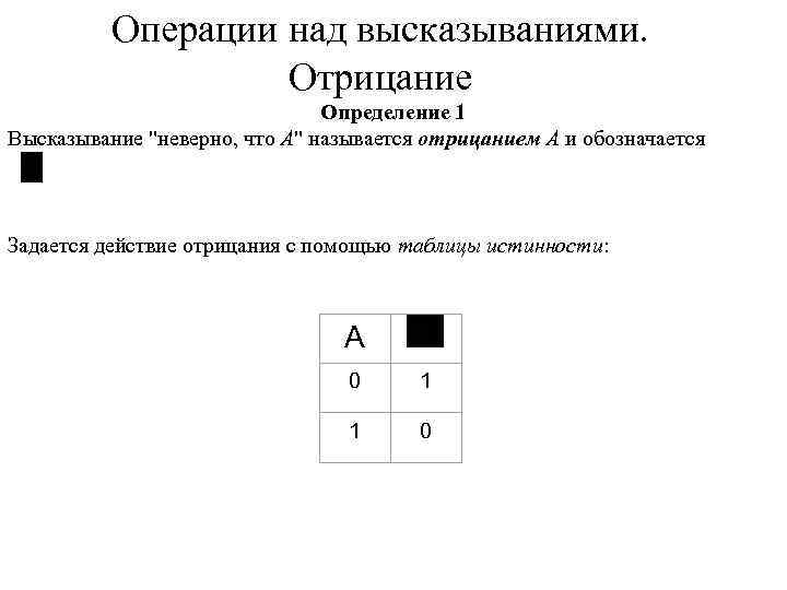 Операции над высказываниями. Отрицание Определение 1 Высказывание "неверно, что А" называется отрицанием А и