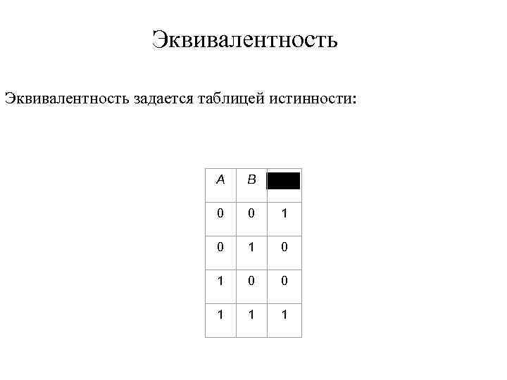 Эквивалентность задается таблицей истинности: A 0 0 1 0 B 1 0 0 1