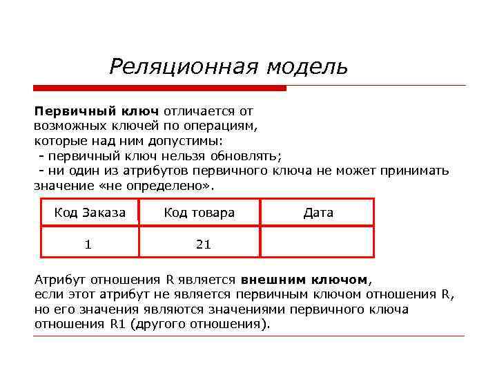 Реляционная модель Первичный ключ отличается от возможных ключей по операциям, которые над ним допустимы: