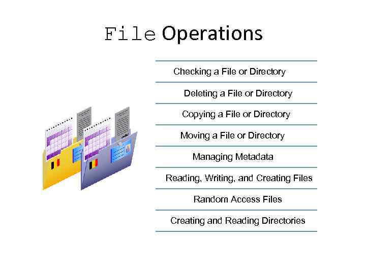 File Operations Checking a File or Directory Deleting a File or Directory Copying a