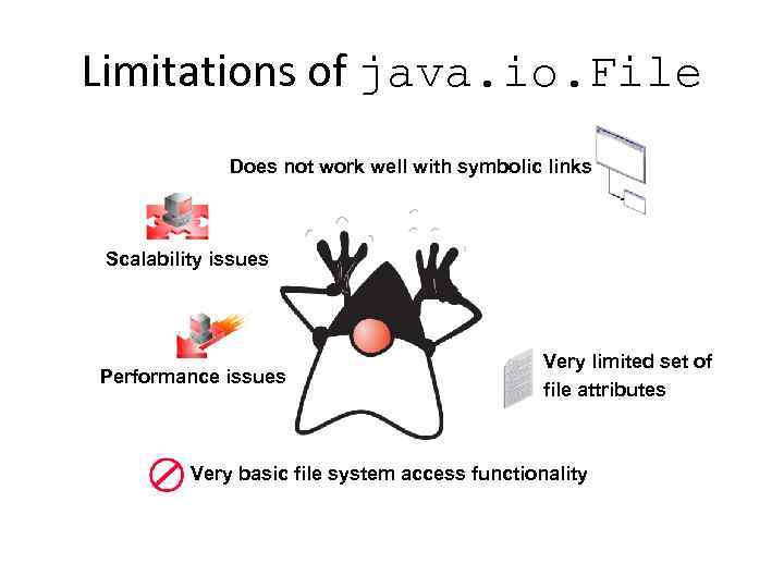 Limitations of java. io. File Does not work well with symbolic links Scalability issues