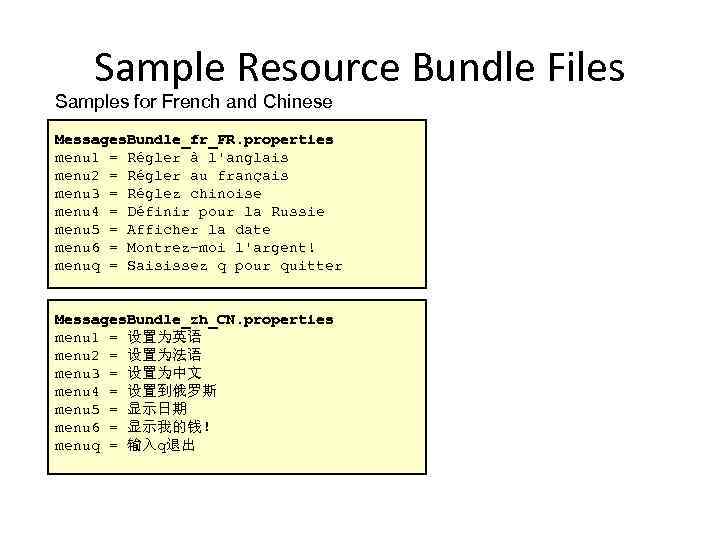 Sample Resource Bundle Files Samples for French and Chinese Messages. Bundle_fr_FR. properties menu 1