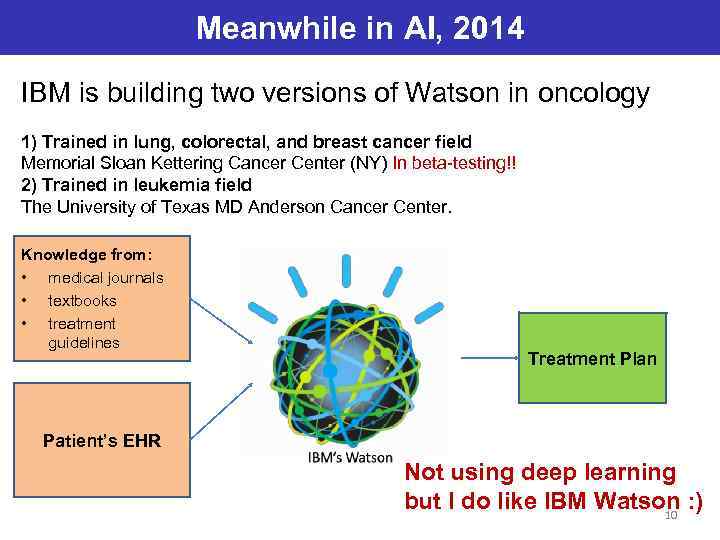 Meanwhile in AI, 2014 IBM is building two versions of Watson in oncology 1)