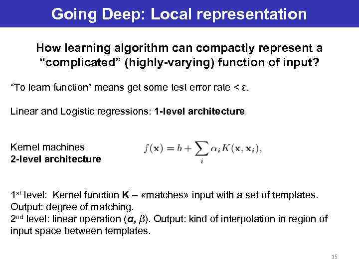 Going Deep: Local representation How learning algorithm can compactly represent a “complicated” (highly-varying) function