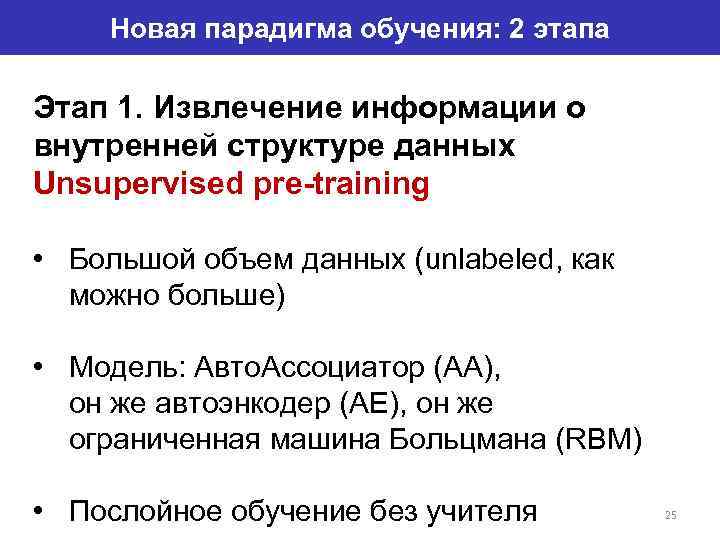 Новая парадигма обучения: 2 этапа Этап 1. Извлечение информации о внутренней структуре данных Unsupervised