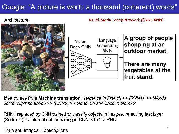 Google: “A picture is worth a thousand (coherent) words” Architecture: Multi-Modal deep Network (CNN+