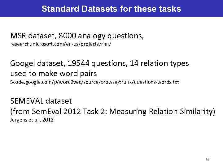 Standard Datasets for these tasks MSR dataset, 8000 analogy questions, research. microsoft. com/en-us/projects/rnn/ Googel