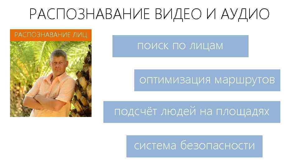 РАСПОЗНАВАНИЕ ВИДЕО И АУДИО РАСПОЗНАВАНИЕ ЛИЦ поиск по лицам оптимизация маршрутов подсчёт людей на