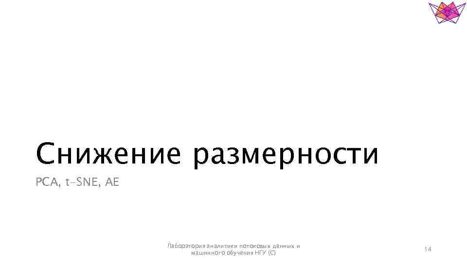 Снижение размерности PCA, t-SNE, AE Лаборатория аналитики потоковых данных и машинного обучения НГУ (С)