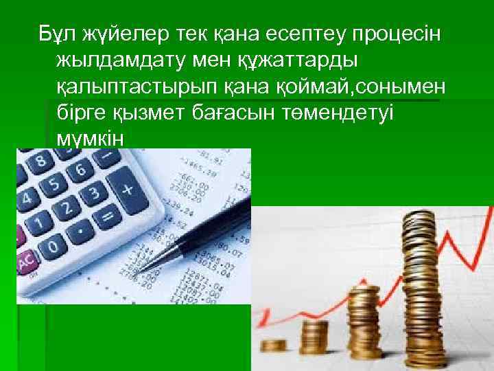 Бұл жүйелер тек қана есептеу процесін жылдамдату мен құжаттарды қалыптастырып қана қоймай, сонымен бірге