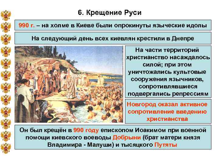 6. Крещение Руси 990 г. – на холме в Киеве были опрокинуты языческие идолы