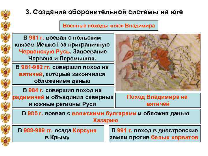 3. Создание оборонительной системы на юге Военные походы князя Владимира В 981 г. воевал
