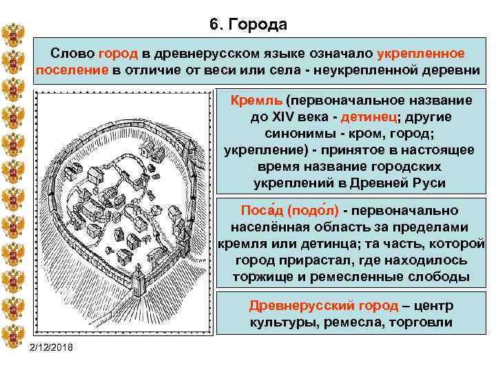 6. Города Слово город в древнерусском языке означало укрепленное поселение в отличие от веси