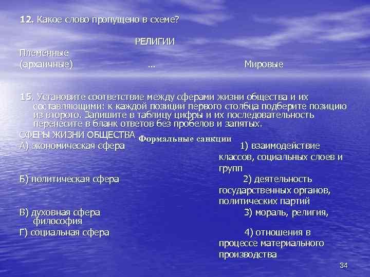 12. Какое слово пропущено в схеме? Племенные (архаичные) РЕЛИГИИ … Мировые 15. Установите соответствие