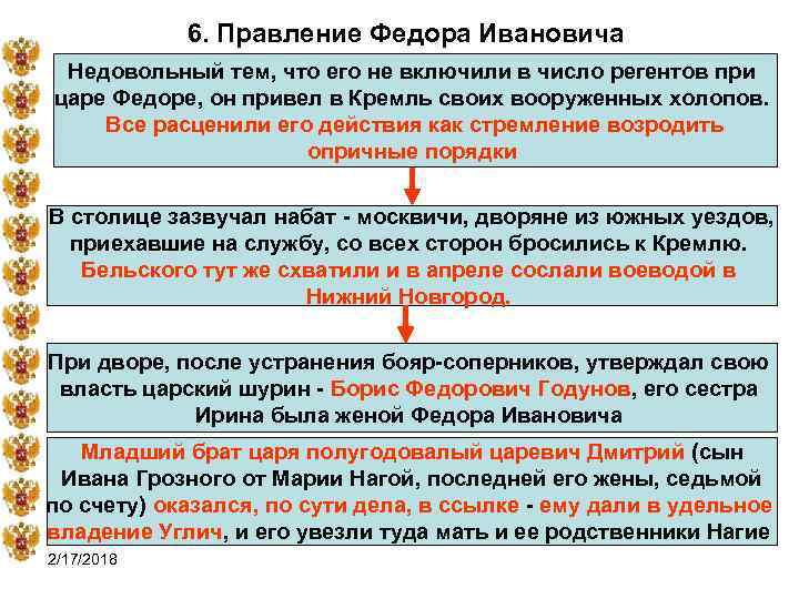 6. Правление Федора Ивановича Недовольный тем, что его не включили в число регентов при