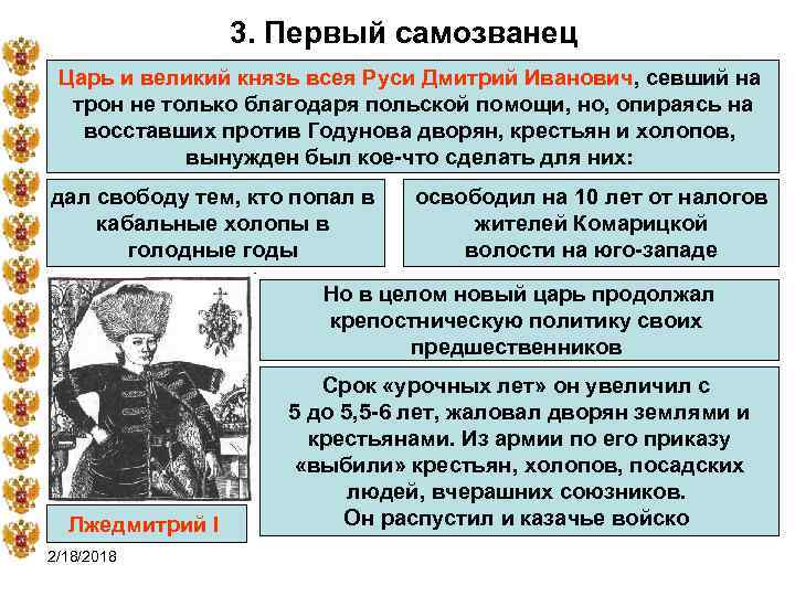 3. Первый самозванец Царь и великий князь всея Руси Дмитрий Иванович, севший на трон