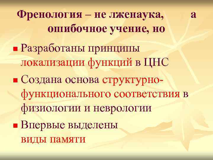 Френология – не лженаука, ошибочное учение, но Разработаны принципы локализации функций в ЦНС n