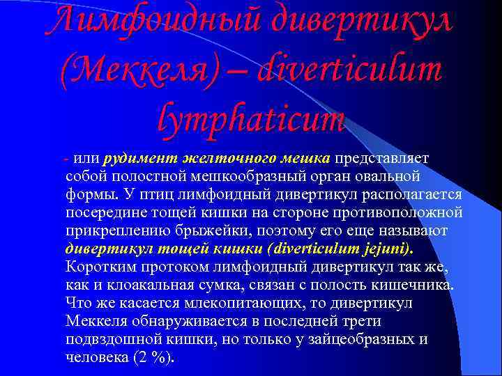 Лимфоидный дивертикул (Меккеля) – diverticulum lymphaticum - или рудимент желточного мешка представляет собой полостной