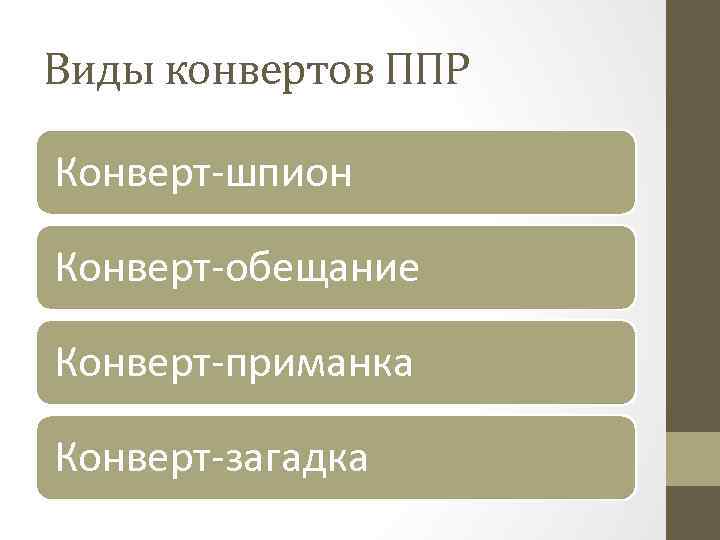Виды конвертов ППР Конверт-шпион Конверт-обещание Конверт-приманка Конверт-загадка 
