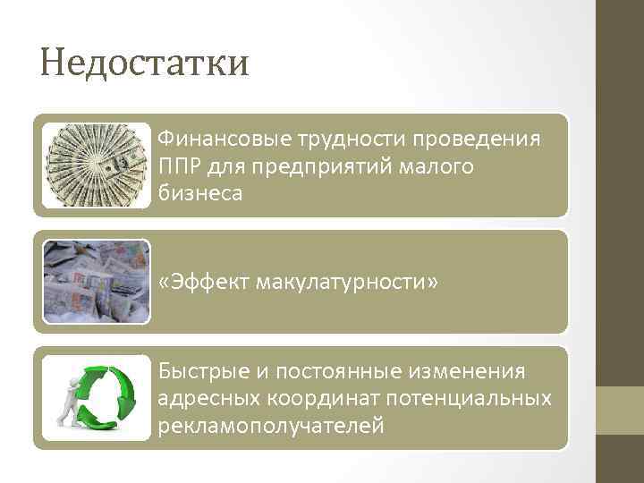 Недостатки Финансовые трудности проведения ППР для предприятий малого бизнеса «Эффект макулатурности» Быстрые и постоянные