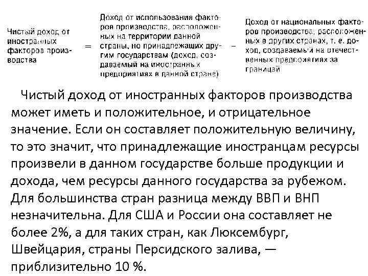 Чистый доход от иностранных факторов производства может иметь и положительное, и отрицательное значение. Если